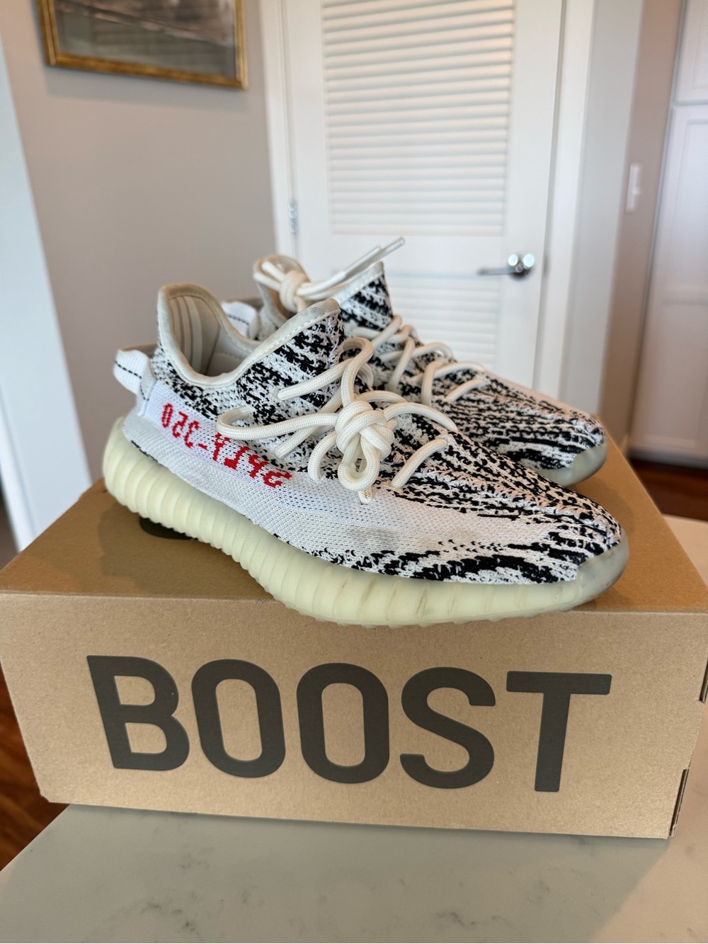 adidas Yeezy Boost Zebra Sneakers in White, Black & Cream with Red Accent